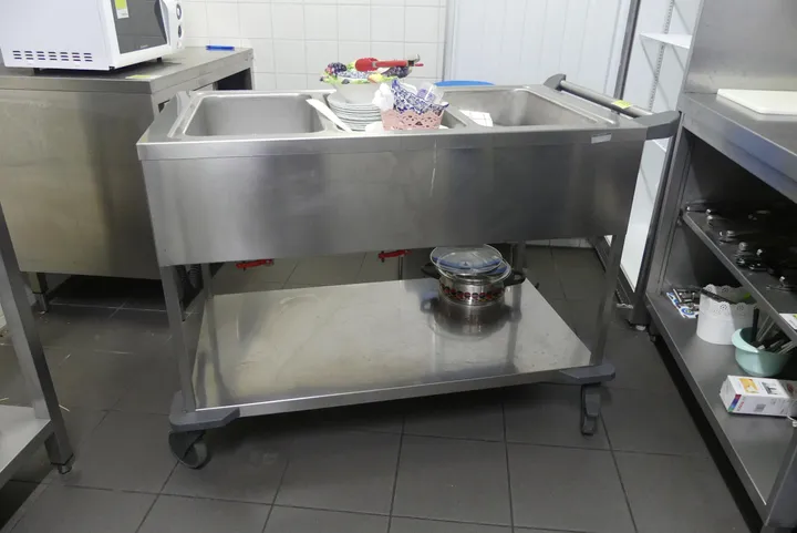 BLANCO - Edelstahl-Speisenwärmewagen/Bain-Marie-Wagen, fahrbar, mit Bodenboden, mit Inhalt